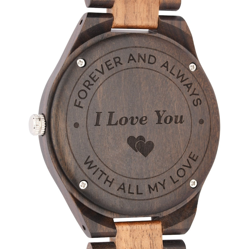 Men's Wood, Engraved Watch