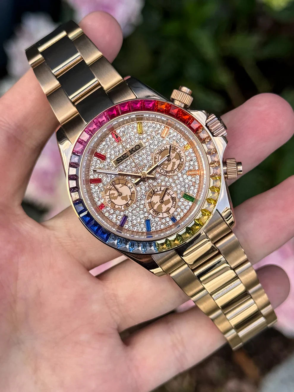 Special Edition Gold Daytona Seiko Custom Mod - Diamond Rainbow