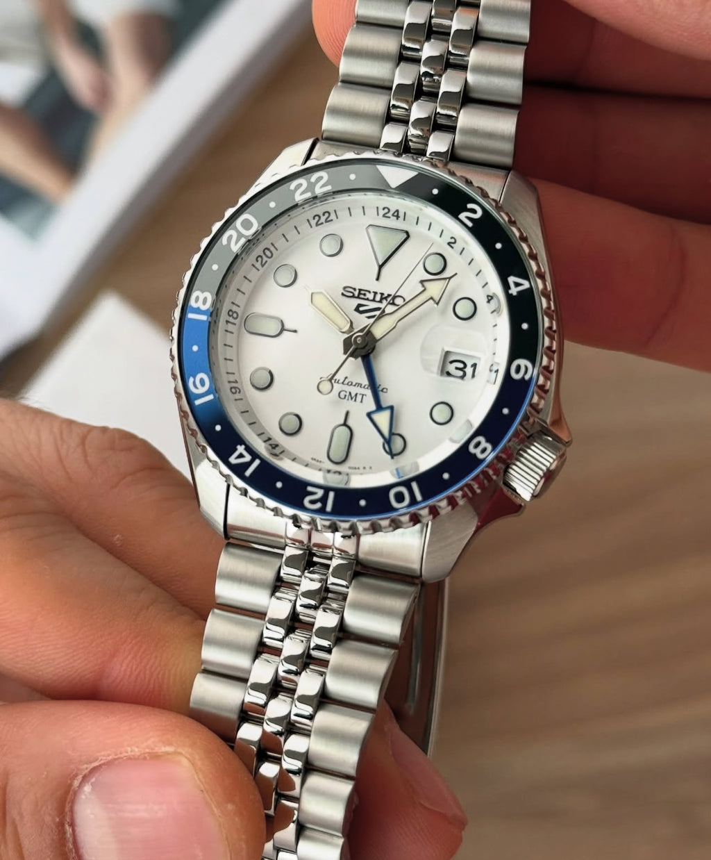Seiko 5 Sports SKX GMT Sky Blue, Silver Cloud Custom MOD