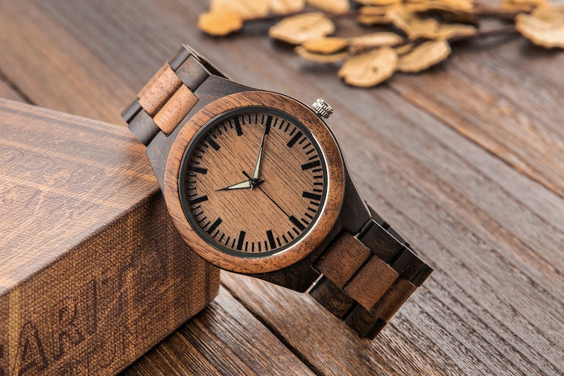 Men's Wood, Engraved Watch