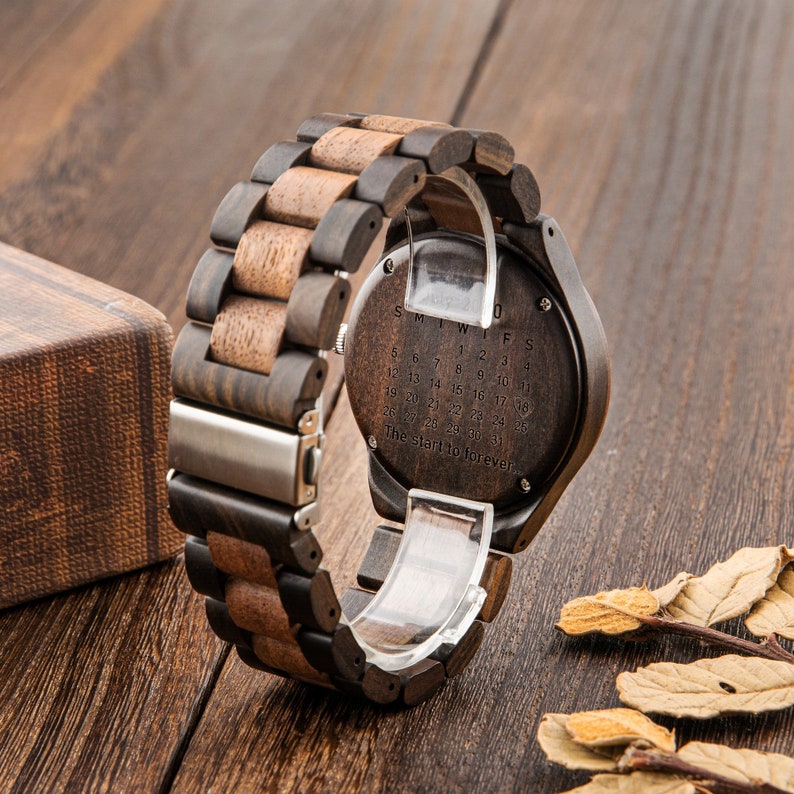 Men's Wood, Engraved Watch