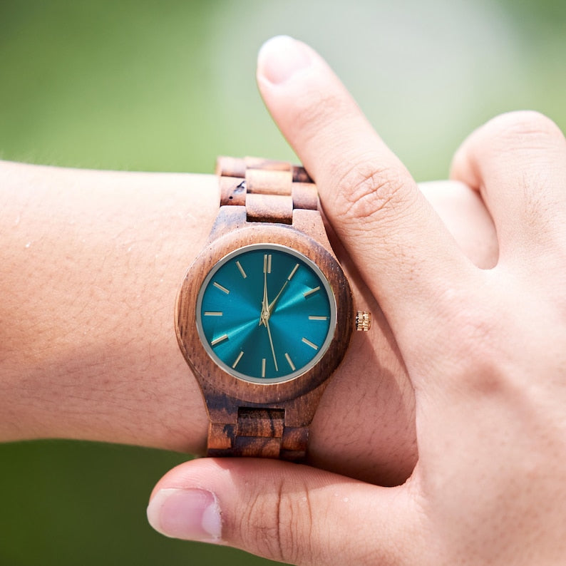 Wooden Blue Dial Women Quartz Watch
